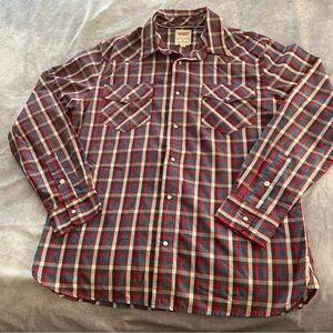 Levis Shirt Mens L Modern Button Up checkered Plaid Red Blue White Western